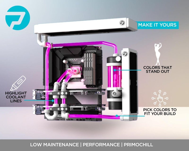 PrimoChill بريمو تشيل آيس - سائل تبريد المياه للكمبيوتر، املأ وانسَ، لزوجة منخفضة، محتوى كيميائي منخفض، حماية كاملة، مصنوع بفخر في الولايات المتحدة الأمريكية (32 أونصة / 0.9 لتر) - شفاف وردي تحت الأشعة فوق البنفسجية - Image 5